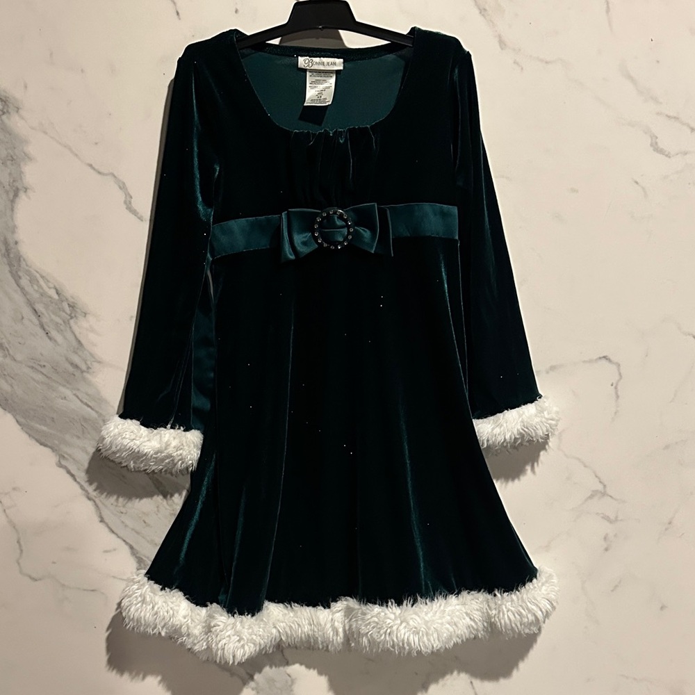 Bonnie Jean Velvet Dress with Faux Fur Trim - Dark Green